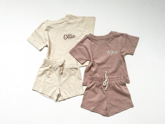 Personalised Kids Organic Cotton Slub Jersey Shorts Set - Embroidered Name - Perfect for Baby and Toddler
