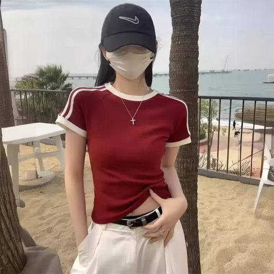American Style Color Blocking Slimming Short Sleeve Tops For Women Trendy Cropped Crew Neck Spandex T-Shirts Summer Fashion
