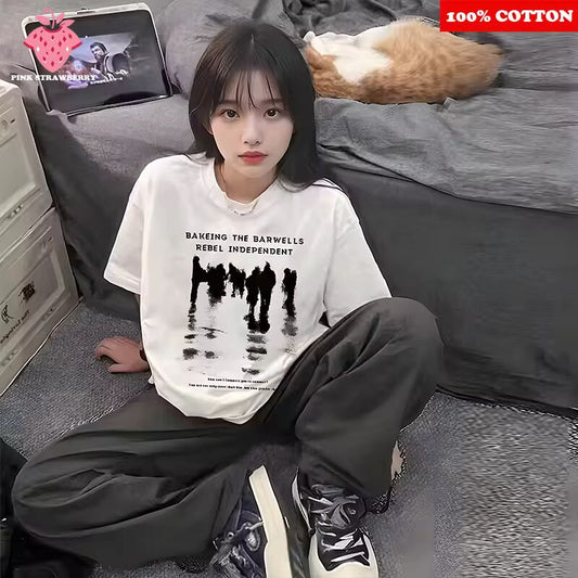 American Retro Portrait T-shirt Women 2025 New 100% Cotton Fashion Letter Print Casual Short Sleeve Tee Y2k Top Female Clothing