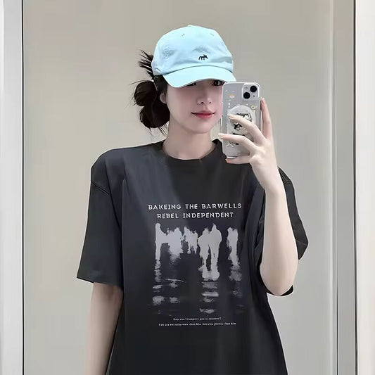 American Retro Portrait T-shirt Women 2025 New 100% Cotton Fashion Letter Print Casual Short Sleeve Tee Y2k Top Female Clothing